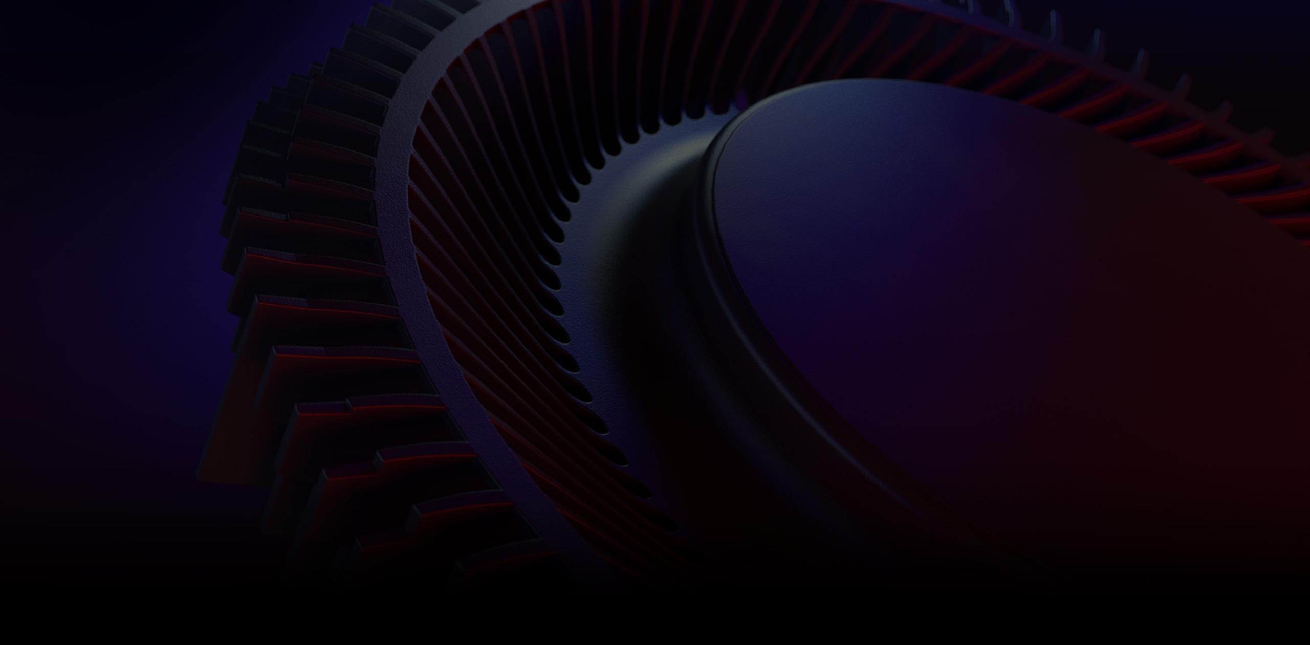 A close-up view of a 2nd Gen Arc Flow Fan™, with the dual impeller design and fan tips clearly visible.