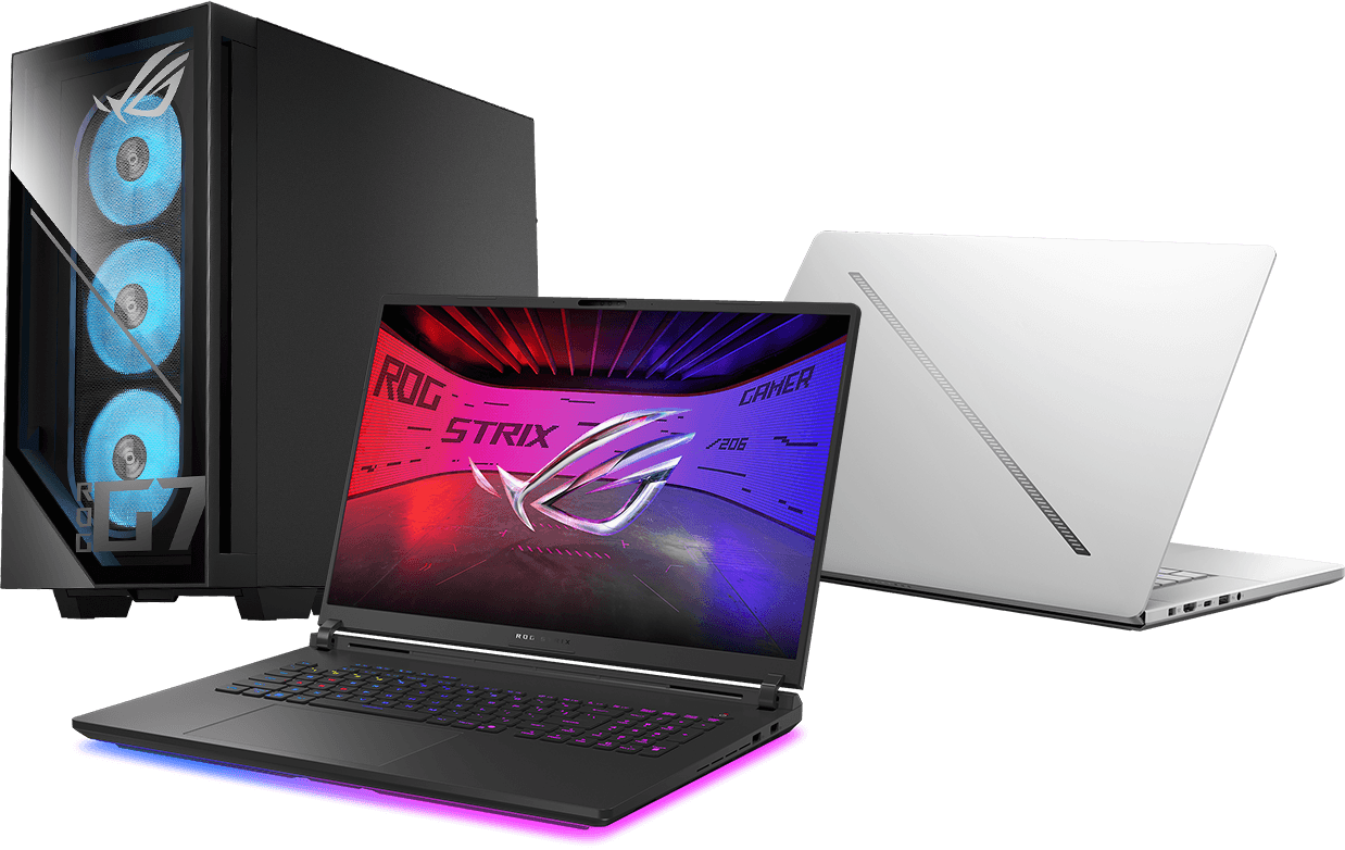 Three ROG products are displayed: a black desktop with RGB-lit fans, a black gaming laptop showing the ROG Strix logo on screen, and a silver laptop.