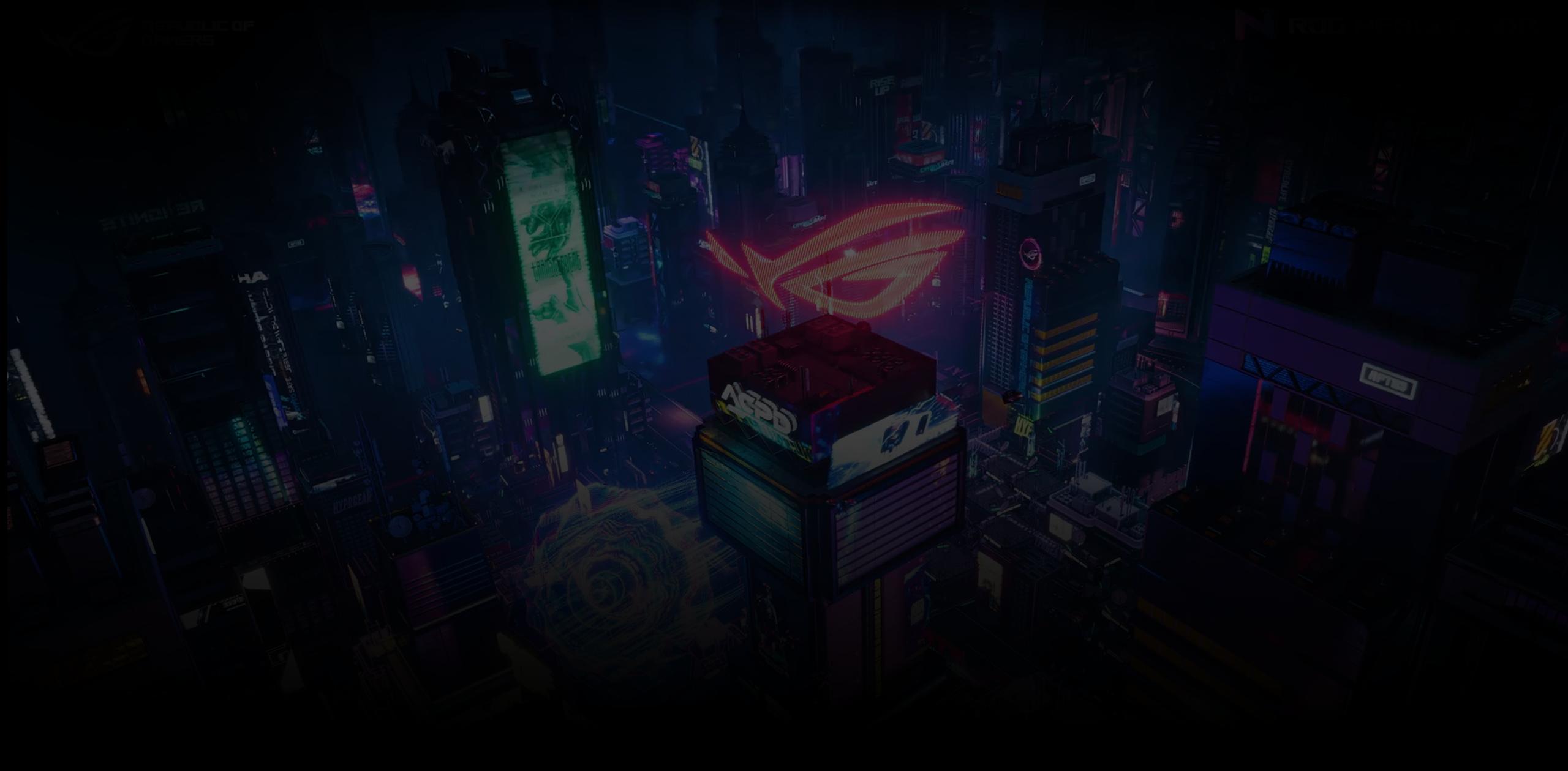 A 3D rendering of a city landscape with an ROG Logo on top of one of the buildings.