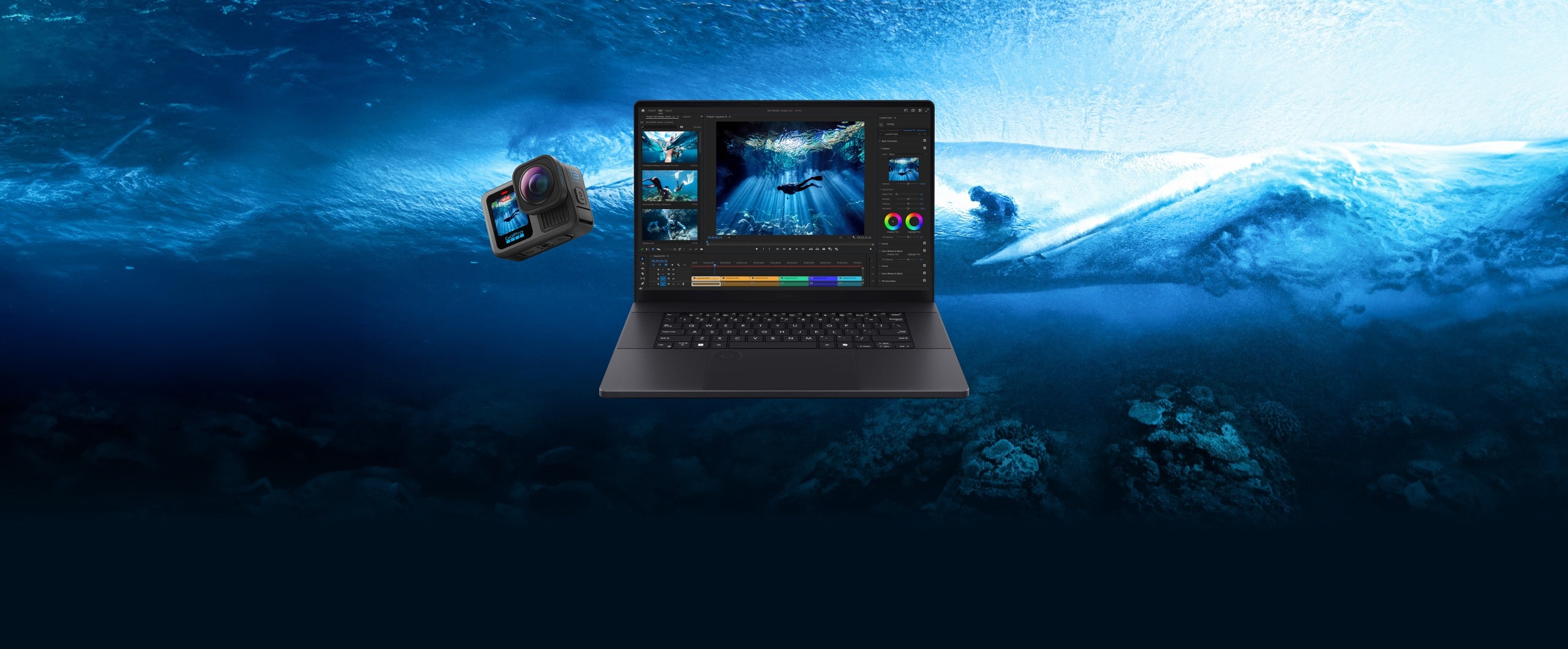 ASUS ProArt and GoPro products are centered with an underwater scene and surfer above the waves.