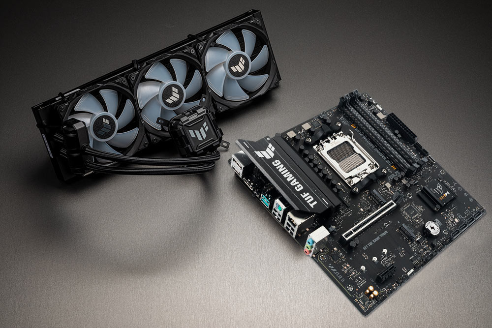 TUF GAMING A620AM-PLUS motherboard standing upright next to a compatible ASUS AIO cooler, illustrating cooler compatibility for high-performance gaming builds.
