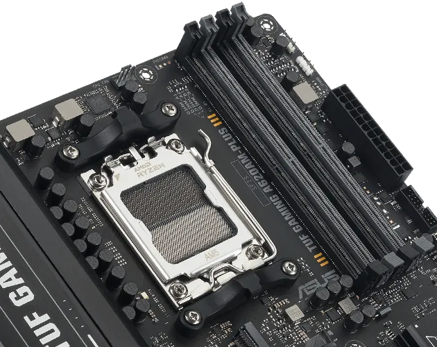 Close-up of TUF GAMING A620AM-PLUS showing DDR5 memory slots with a label indicating support for DDR5 modules up to 8000+ MHz.