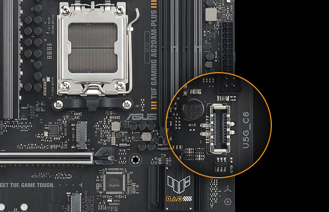 TUF GAMING A620AM-PLUS motherboard with a magnified inset highlighting a front panel USB 5Gbps Type-C port, showing support for high-speed connections.
