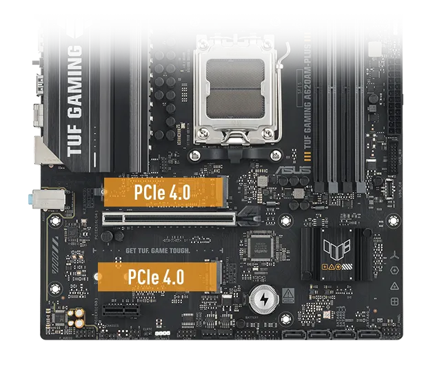 TUF GAMING A620AM-PLUS with two highlighted PCIe slots labeled PCIe 4.0. The slots are emphasized in orange.
