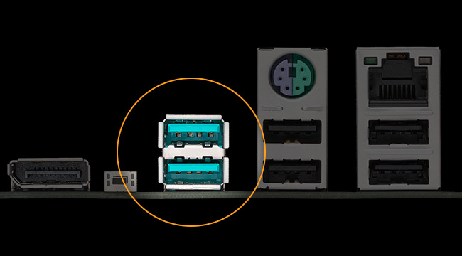 Rear I/O panel of TUF GAMING A620AM-PLUS motherboard with a magnified inset highlighting a USB 10Gbps Type-A port among other ports, showing support for high-speed connections.
