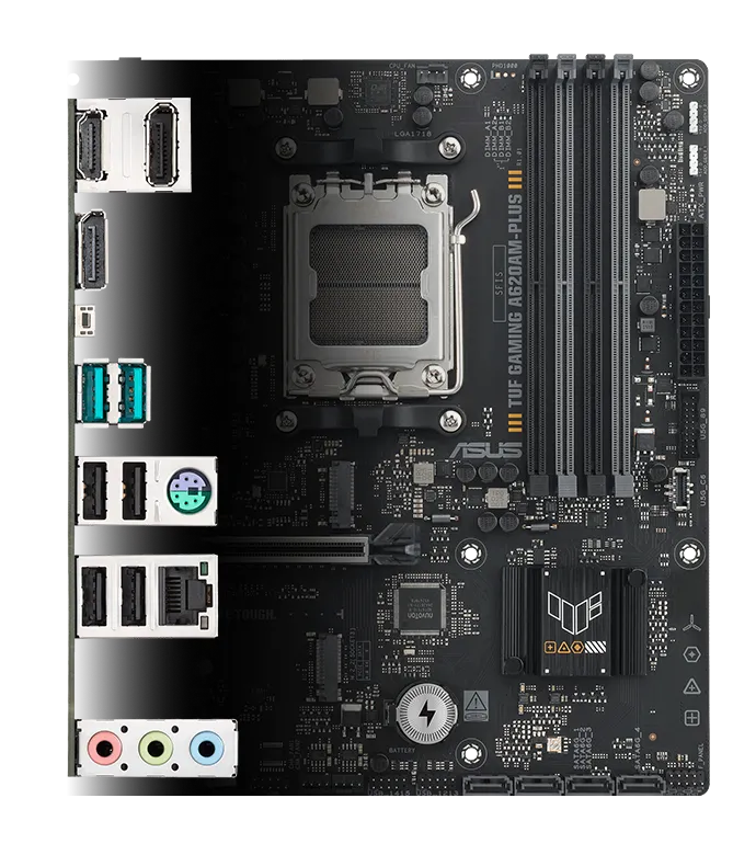 TUF Gaming motherboard front view, with Aura lighting, and I/O shield