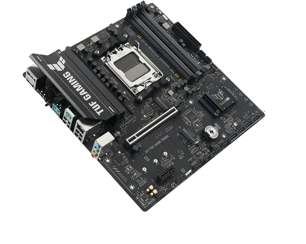 TUF Gaming motherboard front view, 45 degrees