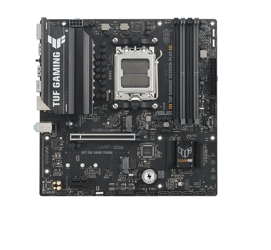 TUF Gaming motherboard front view, with Aura lighting