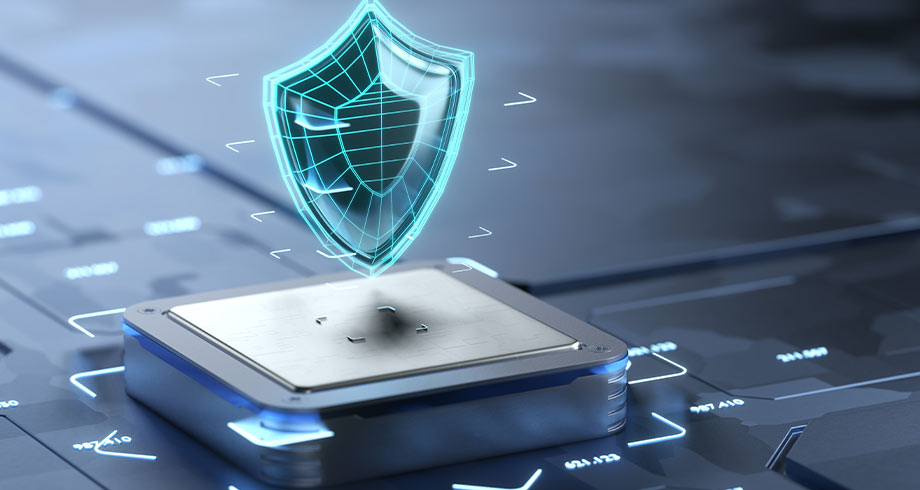 A security shield icon floats on top of a processor