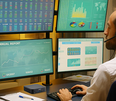 ASUS ExpertCenter PN54-S1 Mini PC Best Mini PC for business connected to quad monitors in workplace setup