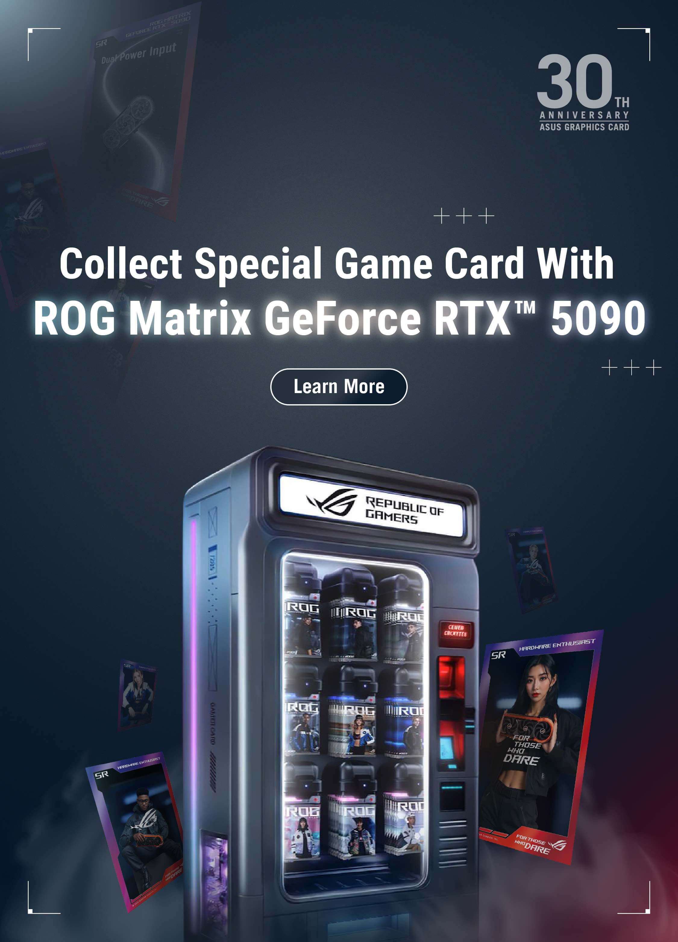A card vending machine with several cards floating around showing people holding graphics cards
