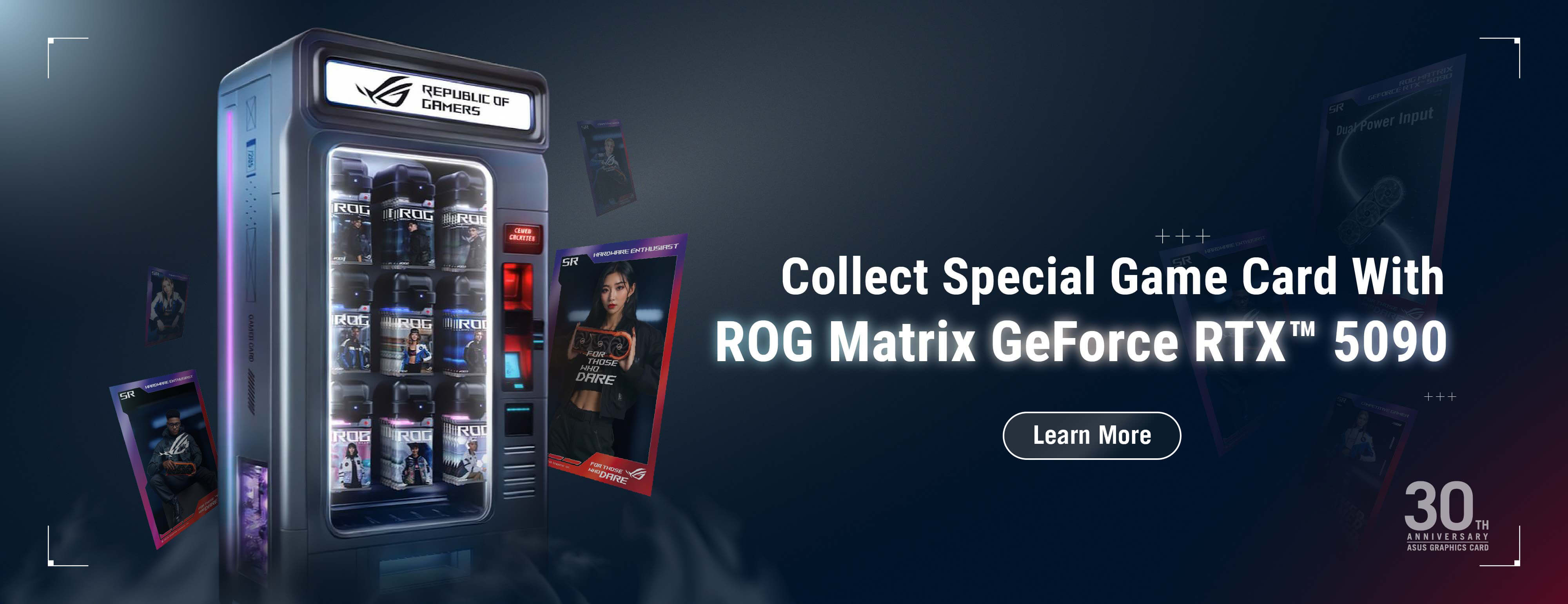 A card vending machine with several cards floating around showing people holding graphics cards