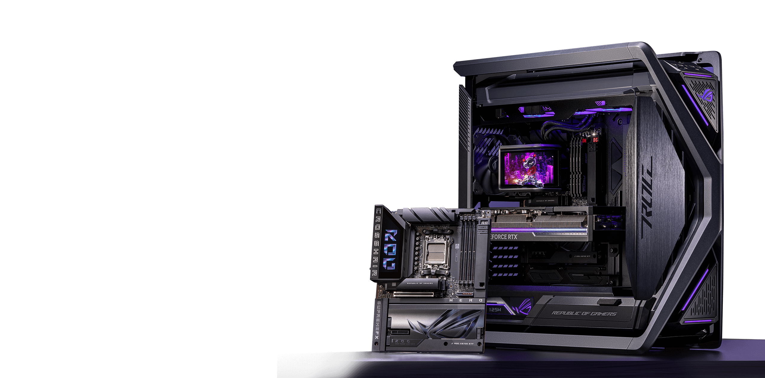 ROG BTF Edvanced BTF Dcosystem with ROG Maximus X870E Hero BTF motherboard, ROG Strix GeForce RTX™ 4090 BTF Edition graphics card, and ROG Hyperion GR701 BTF Edition chassis