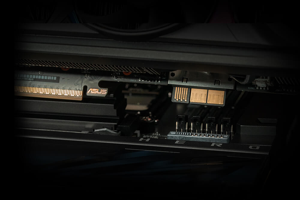 The graphics card high-power slot on ROG Maximus X870E Hero BTF motherboard top view