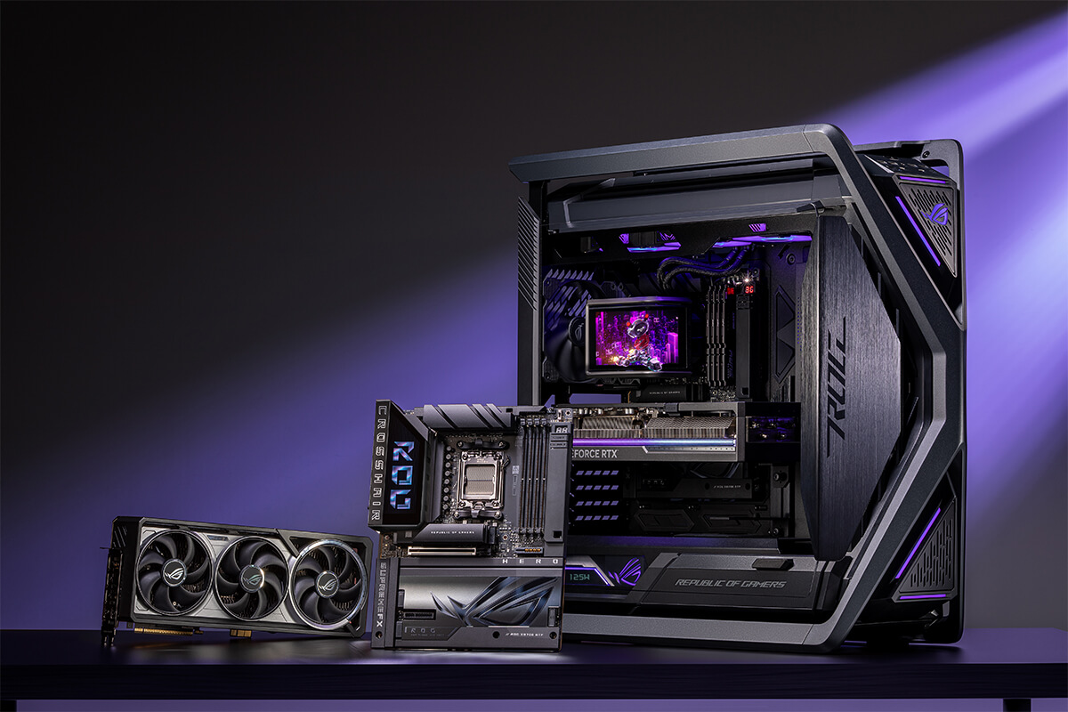 The ROG Crosshair X870E Hero BTF top view with I/O port
