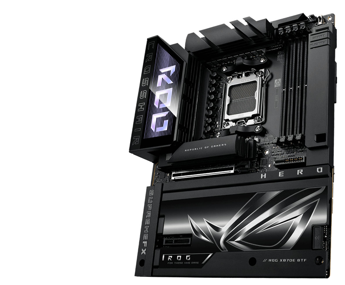 The ROG Crosshair X870E Hero left sided angle