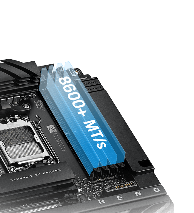 The ROG Crosshair X870E Hero BTF lets you overclock memory up to 8600+ MT/s.