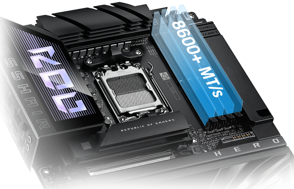 The ROG Crosshair X870E Hero BTF lets you overclock memory up to 8600+ MT/s