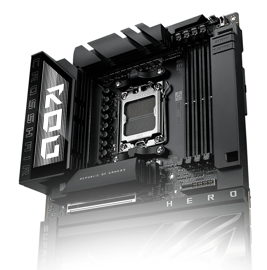 The ROG Crosshair X870E Hero BTF features Aura Sync.