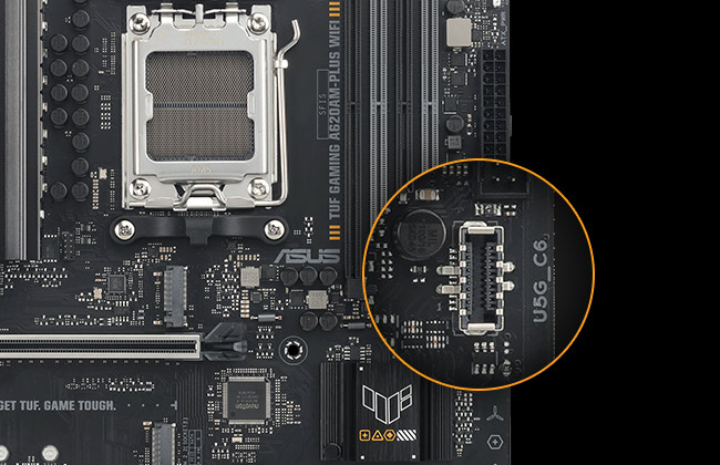 TUF GAMING A620AM-PLUS WIFI motherboard with a magnified inset highlighting a front panel USB 5Gbps Type-C port, showing support for high-speed connections.