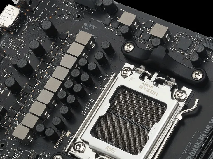Close-up of an AM5 CPU socket on TUF GAMING A620AM-PLUS WIFI.