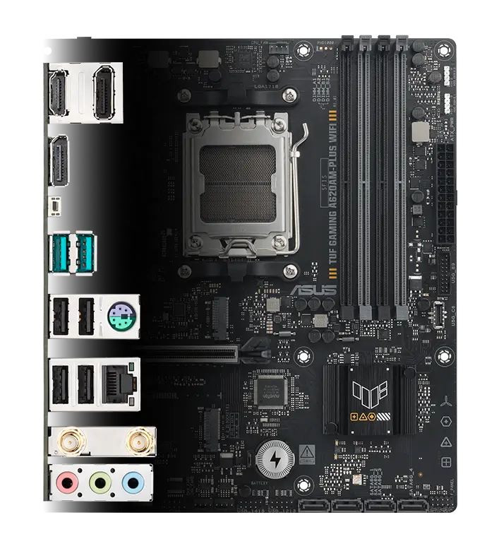 TUF Gaming motherboard front view, with Aura lighting, and I/O shield