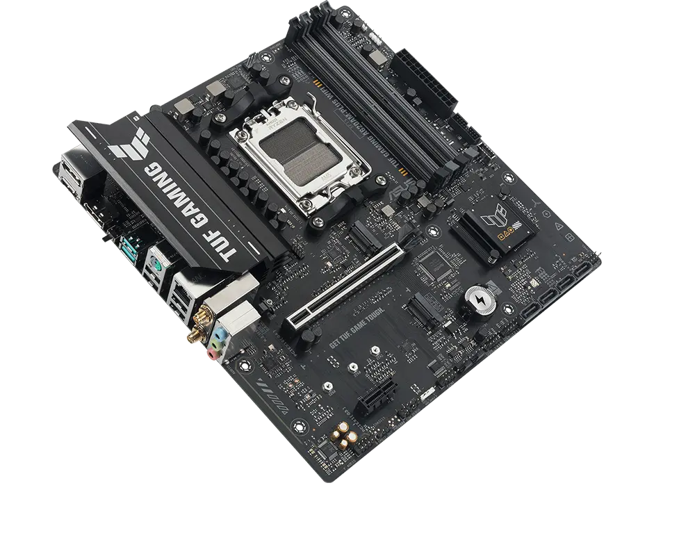 TUF Gaming motherboard front view, 45 degrees