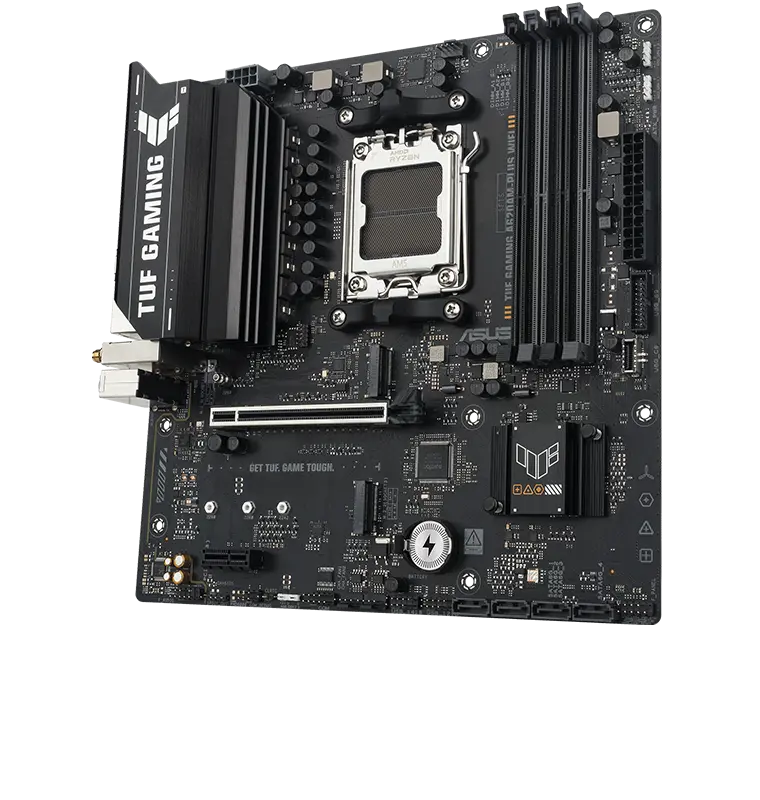 TUF Gaming motherboard front view, 60 degrees, with Aura lighting