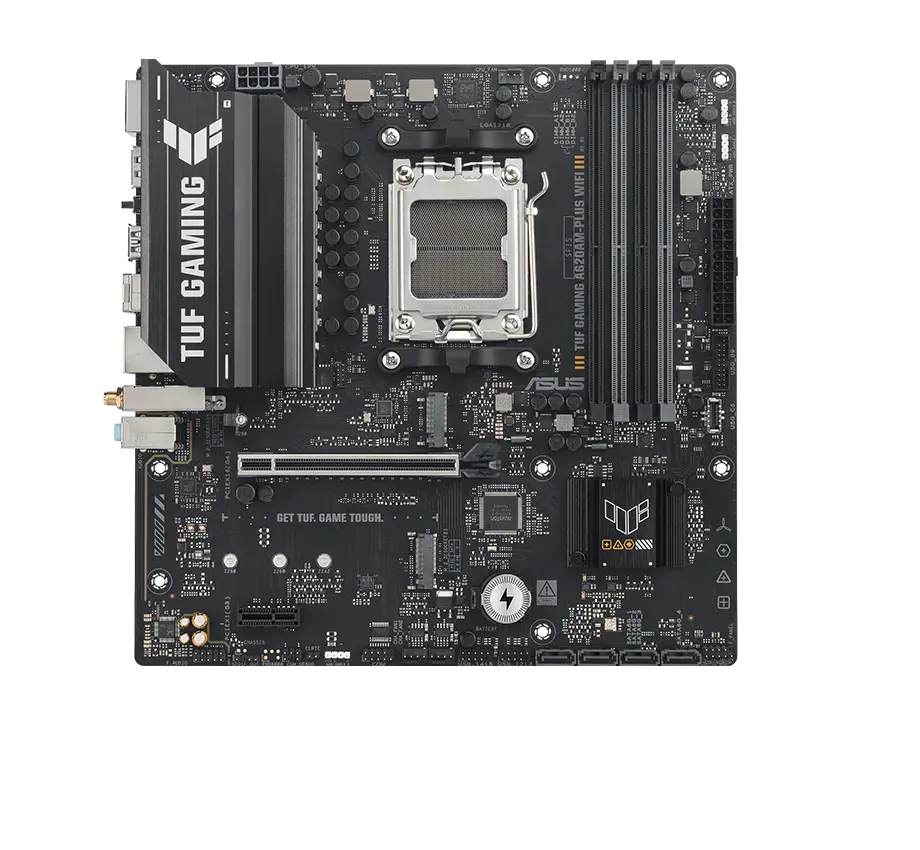 TUF Gaming motherboard front view, with Aura lighting