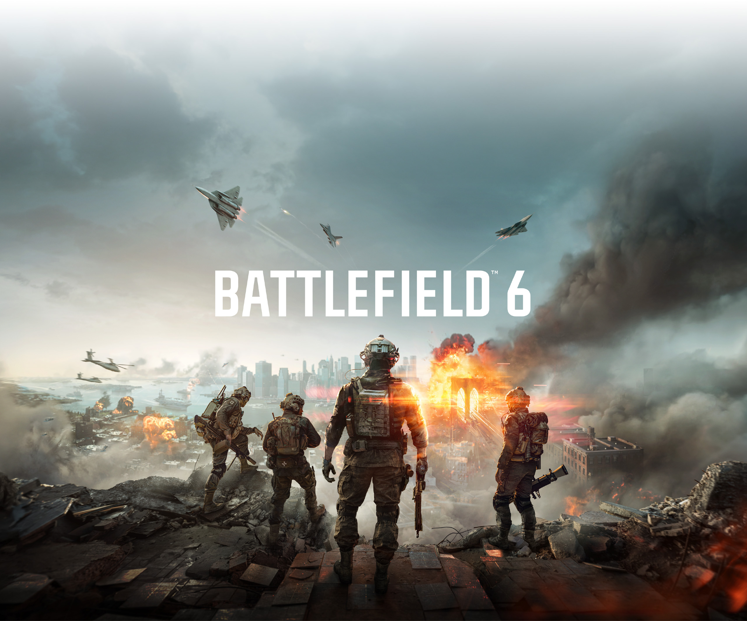 Promotional banner for Intel® Gamer Days game bundle featuring the video game Battlefield 6. The background shows three heavily armed soldiers standing on a war-torn battlefield with smoke, fire, fighter jets, and a destroyed city skyline.