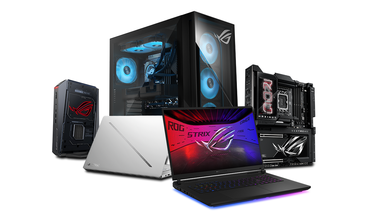 Three ROG products are displayed: a black desktop with RGB-lit fans, a black gaming laptop showing the ROG Strix logo on screen, and a silver laptop.