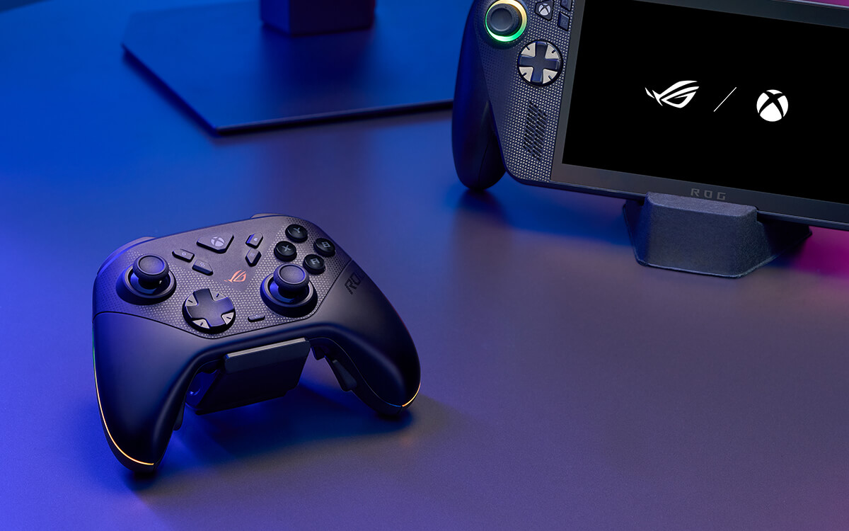 ROG RAIKIRI II Xbox Wireless with ROG monitor, ROG XBOX ALLY X, and Xbox console
