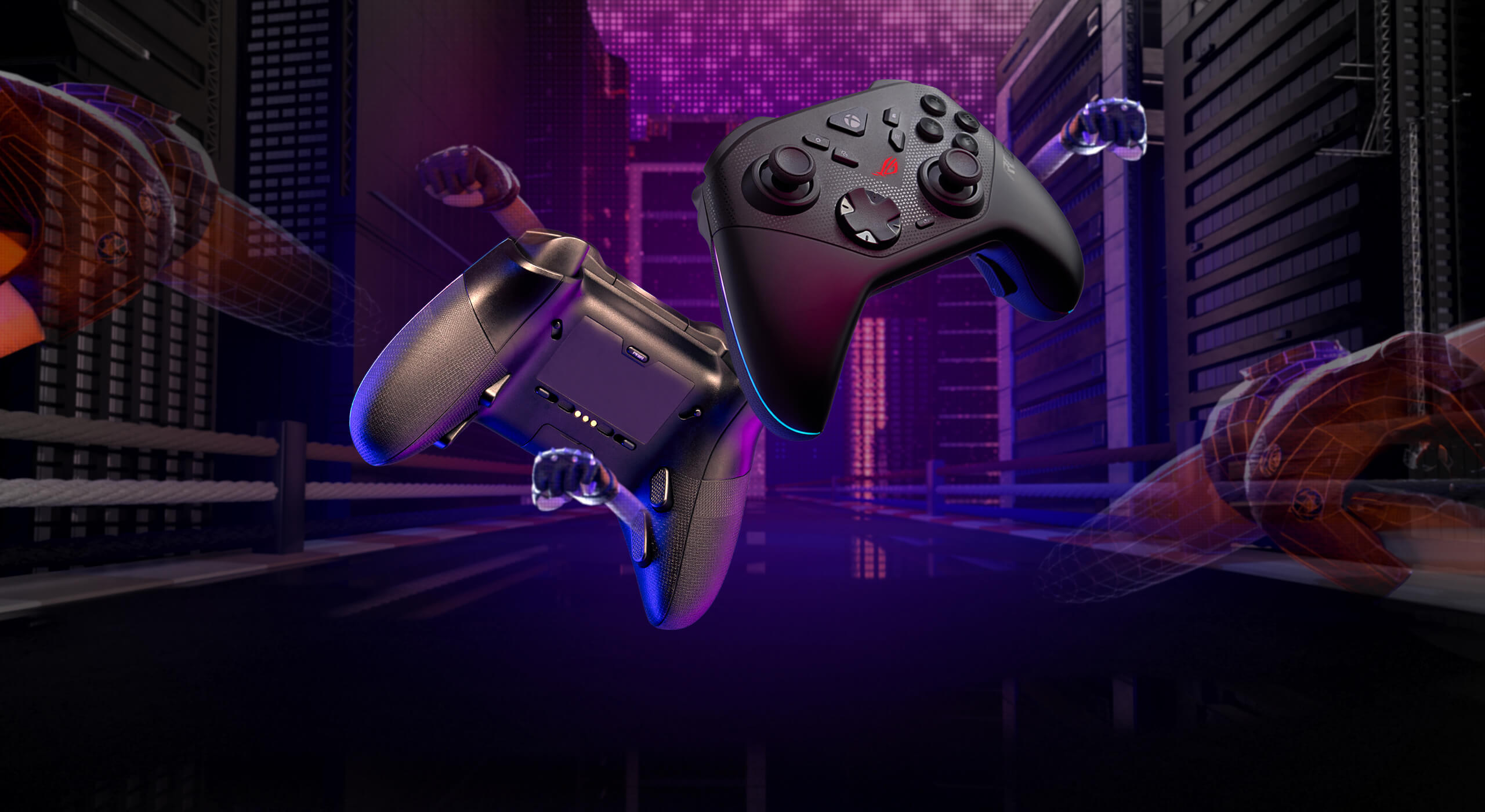 ROG Raikiri II Xbox Wireless in a cyberpunk cityscape with punch effects