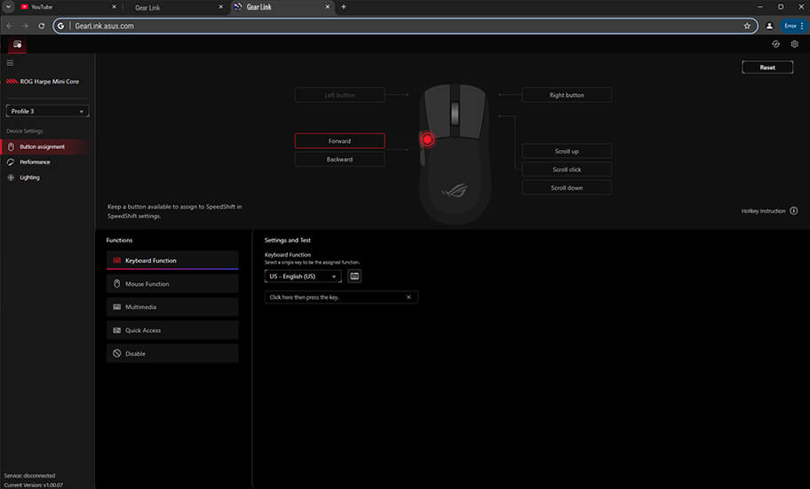 A UI image of the ROG Gladius III Ace on Gear Link 