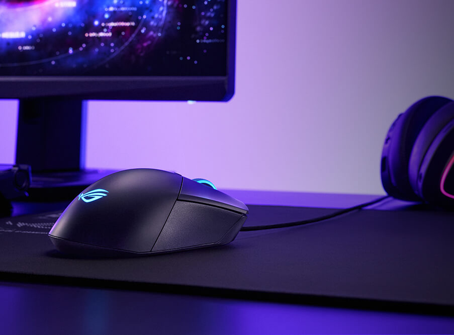 A view of the Gladius III Core mouse from behind, placed on a mousepad