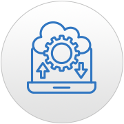 The icon of laptop with gear and inward and outward pointing arrows, representing data migration and settings transfer.