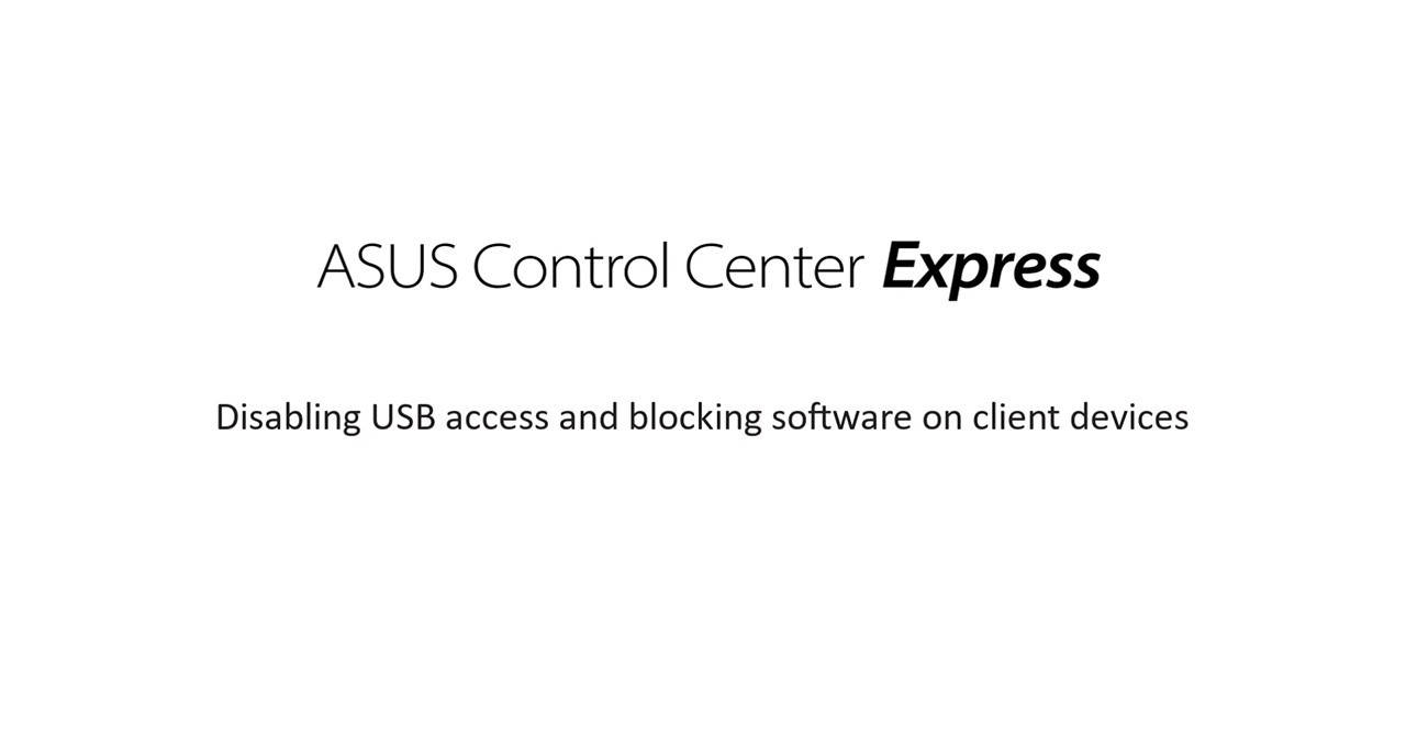 YouTube video thumbnail for 'ASUS Control Center Express Software Tutorial about Disabling USB access and blocking software.' The image shows bold tutorial title all set against a white background.