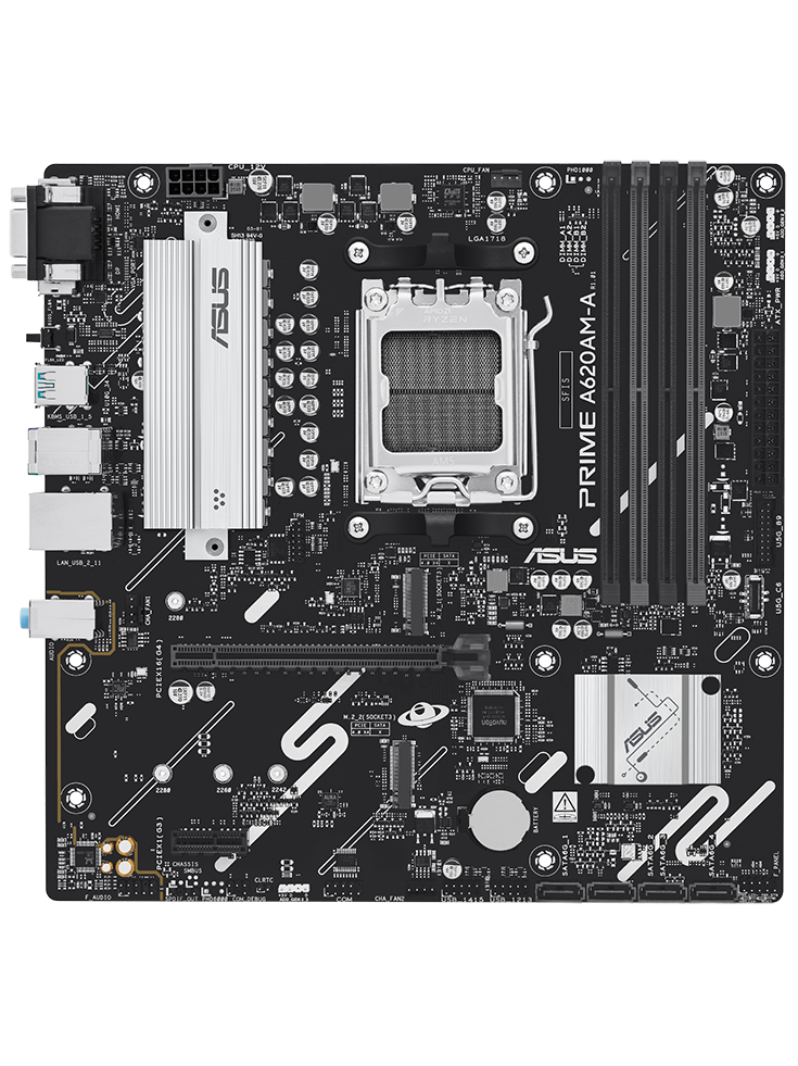 PRIME A620AM-A motherboard front view, floating in space.