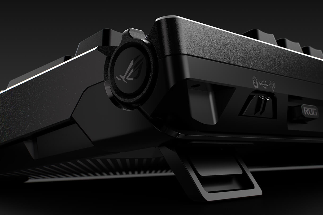 ROG Azoth 96 HE focused view, showcasing three-way knob and connectivity toggle