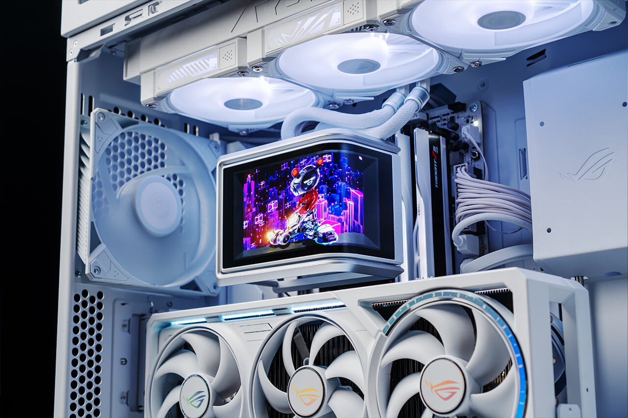 Вигляд спереду збірки ПК з ROG Ryuo IV SLC 360 ARGB White Edition
