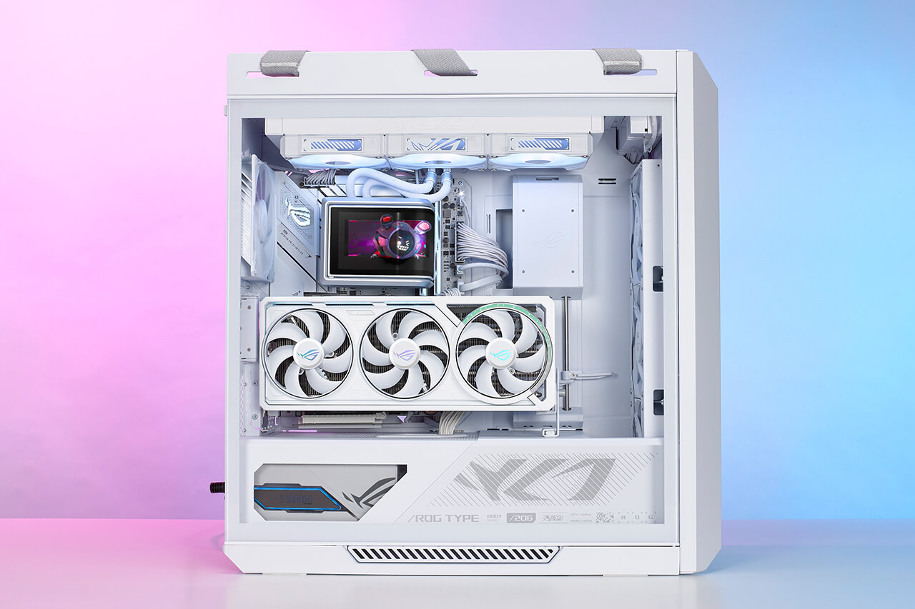 Вигляд збоку збірки ПК з ROG Ryuo IV SLC 360 ARGB White Edition