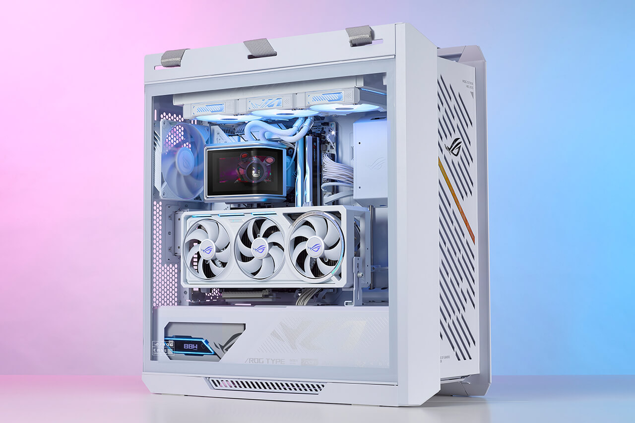 Вигляд спереду збірки ПК з ROG Ryuo IV SLC 360 ARGB White Edition