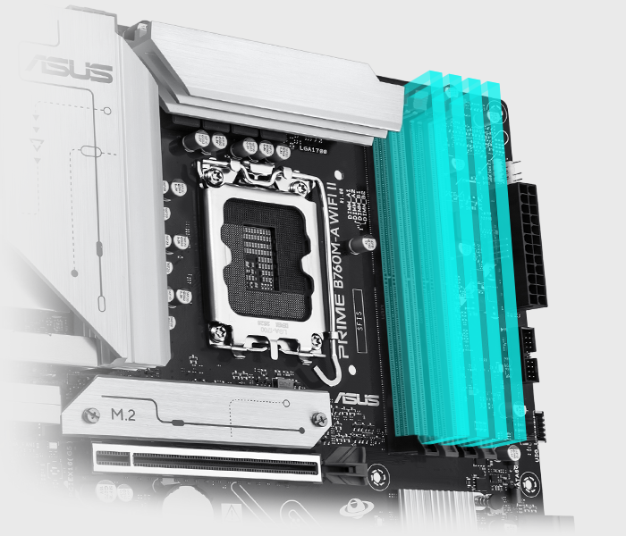 The PRIME B760M-A WIFI II-CSM comes along with ASUS Enhanced Memory Profile II (AEMP II) to train your memory kit and optimize clock speed to unleash DDR5 performance. Bar chart intro AEMP II profiles that offer up to 37.5% faster RAM speeds than baseline DDR5 specs.