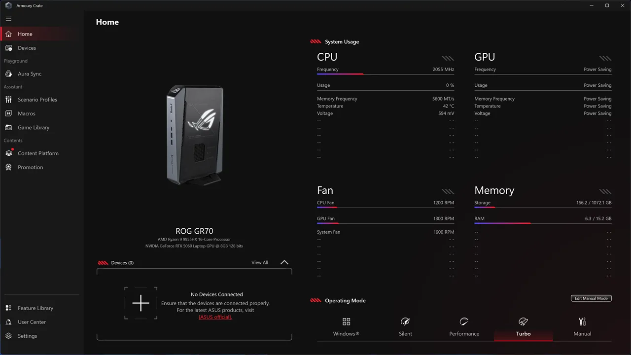 UI of ASUS Armoury crate software with temperature control center and hardware monitoring tools