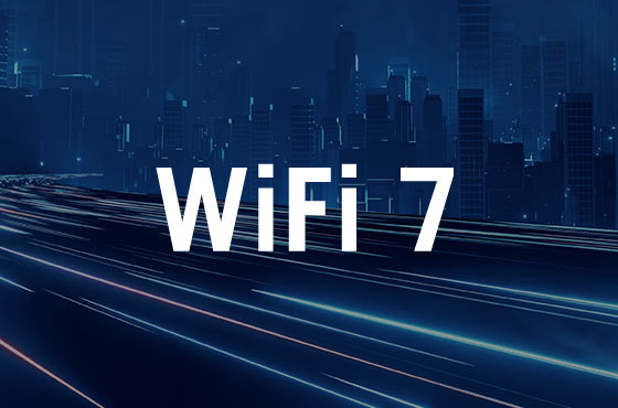 WiFi 7 text against nightview of a city background with LED lights