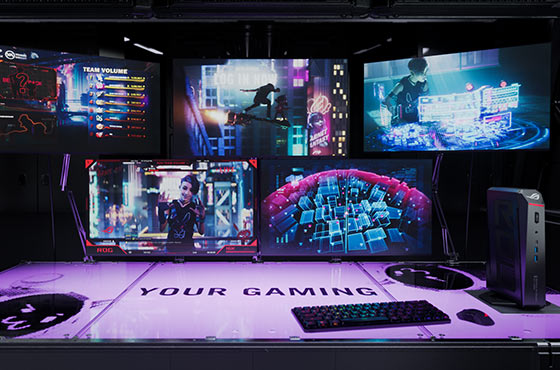 Best gaming mini PC ROG GR70 on a desk with five monitor set-up