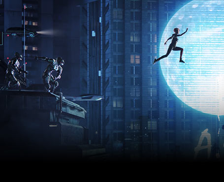 A video game scene showing a group of people in a pursuit battle with one person jumping off cliff