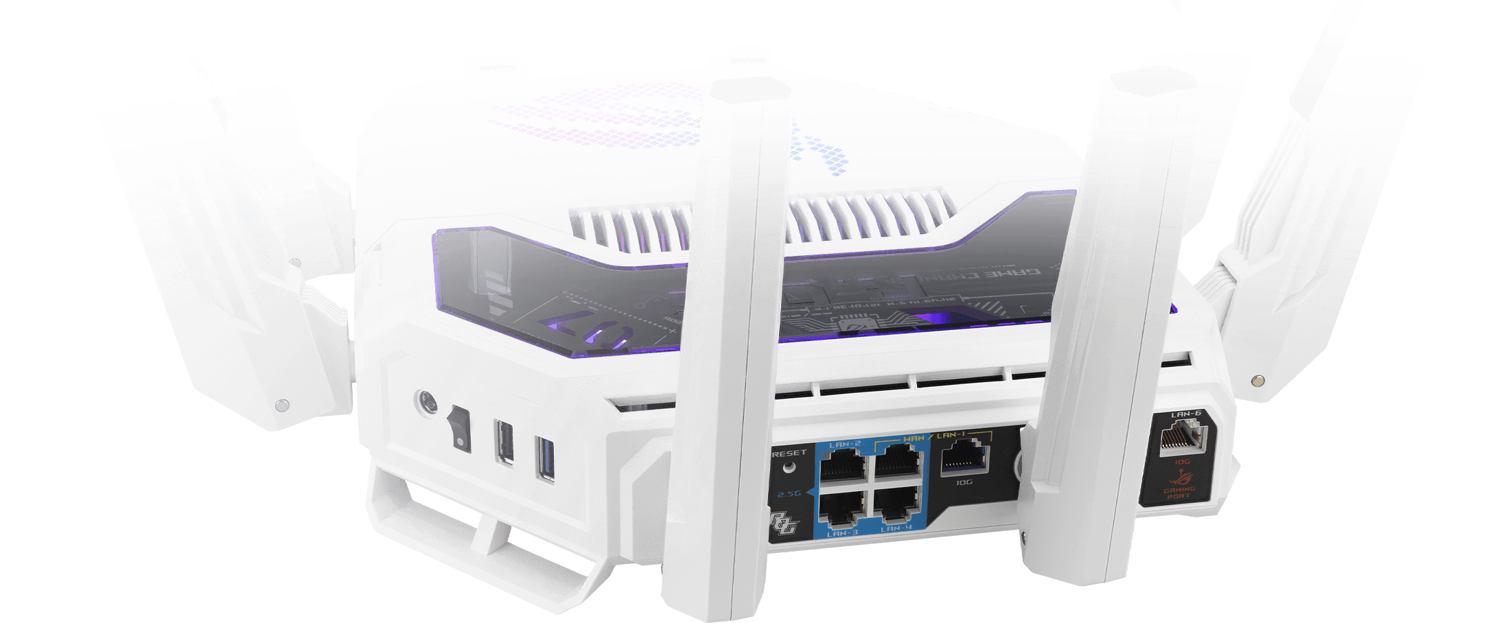 Rear view of ASUS ROG Rapture GT-BE19000AI gaming router showing USB ports, 2.5G port, and 10G gaming port