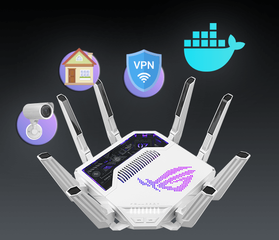 ASUS ROG Rapture GT-BE19000AI gaming router with icons for smart home, VPN security, surveillance camera, and Docker support