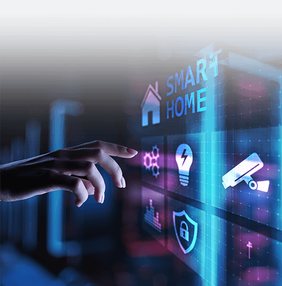 Hand pointing at digital smart home interface icons including light bulb, security camera, and shield